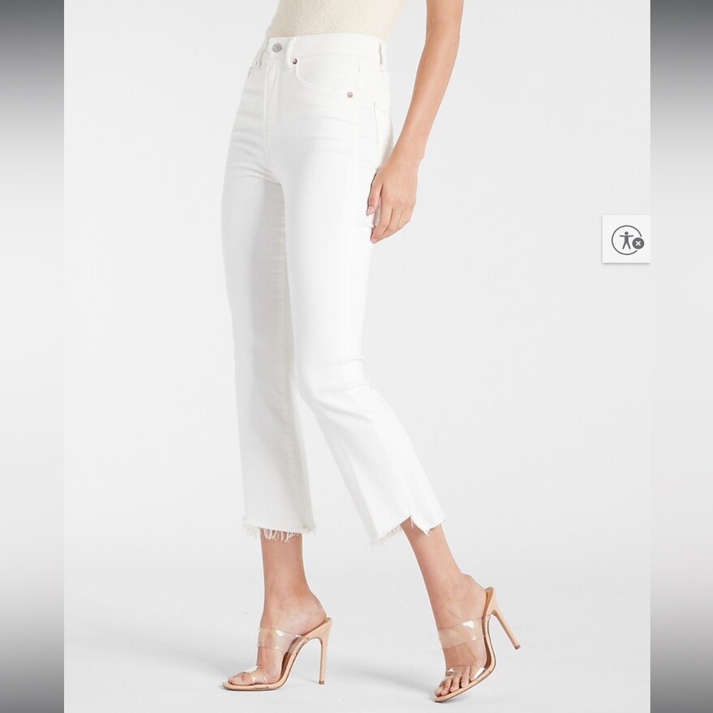 EXPRESS HIGH WAISTED WHITE CROPPED FLARE JEANS, SIZE 12R, WHITE